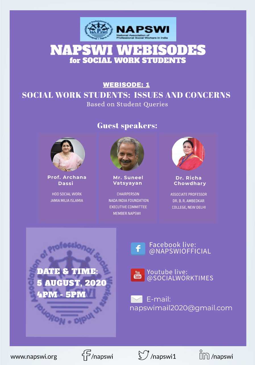 Youth Engagement for Well-being .Mr. Vatsyayan Chairperson Nada India was invited to join NAPSWI WEBISODES for Social Work Students  held on 5th August 2020. As its maiden effort to address the issues and concerns of students and young
professionals, 